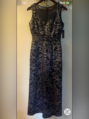 Elegant Black and Silver Scroll-Print Evening Dress